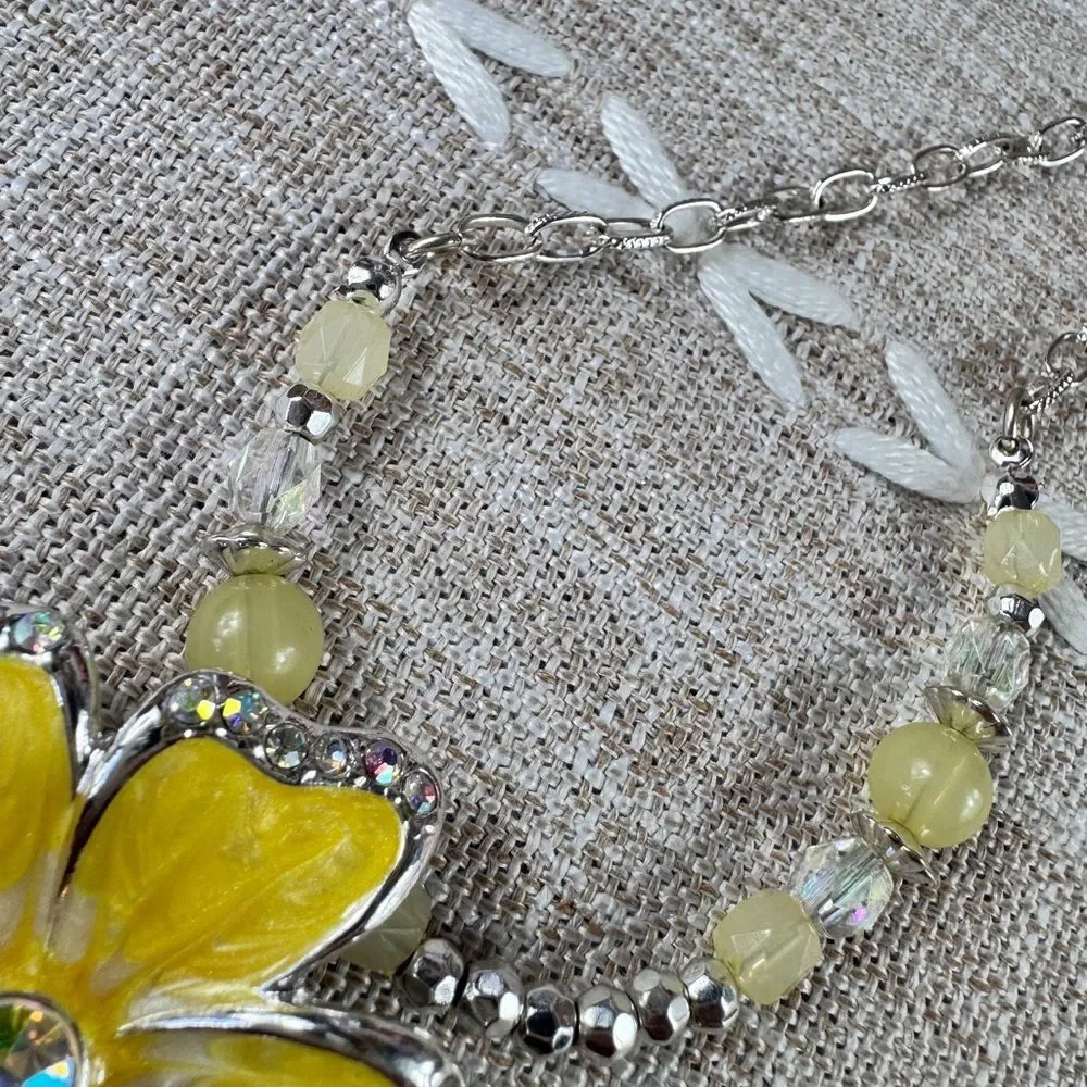 Yellow Rhinestone Flower Pendant Necklace